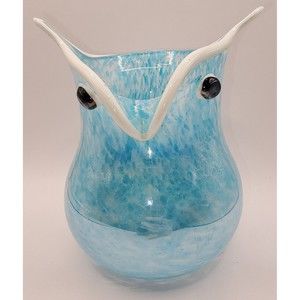 Art Glass Owl Vase Blue White Trim  See!
